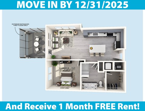 A poster advertising a move-in date of December 31, 2025, and a free one-month rent offer.